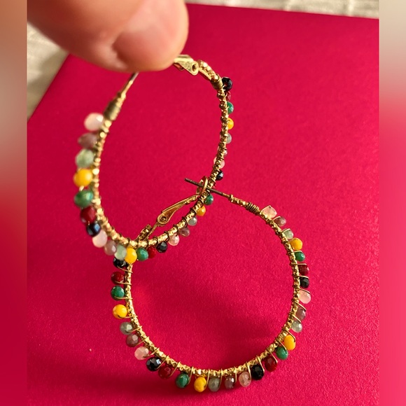 Ladies hoop earrings, gold with colorful shiny beads all around the hoops. - Picture 3 of 11